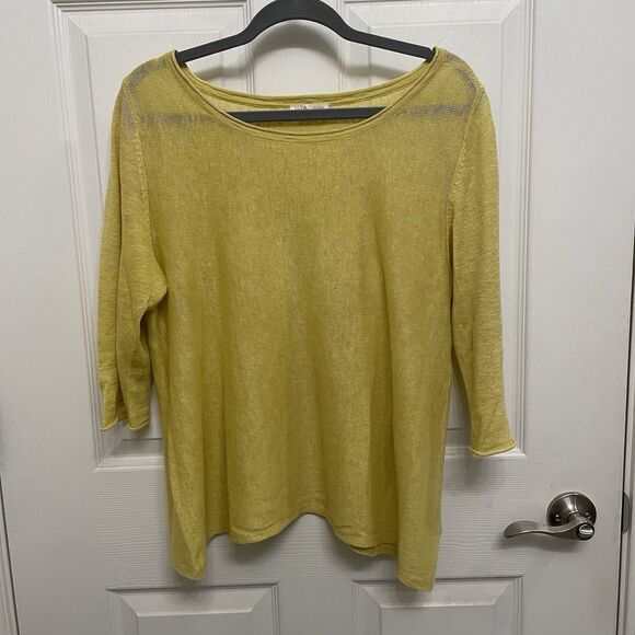 Eileen Fisher Sweaters - EILEEN FISHER 100% Linen 3/4 Sleeve Top Large Yellow Bateau Neck